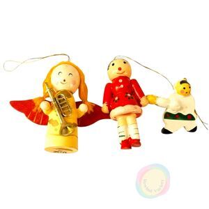 VTG Wooden Ornaments Set of 3 Angel Girl Baby Hand Painted Made in China 2.75"{